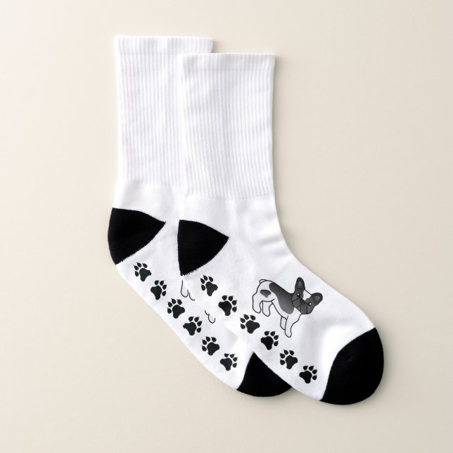 Black Pied French Bulldog Cute Cartoon Dog & Paws Socks (Pair)