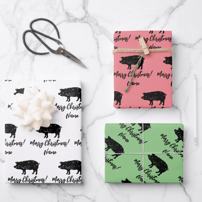 Black pig farm animal silhouette custom Christmas Wrapping Paper Sheet (Front)