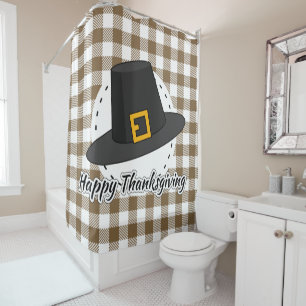 Black Pilgrim Hat on Brown Plaid - Thanksgiving