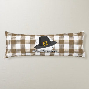 Black Pilgrim Hat on Brown Plaid - Thanksgiving Body Pillow