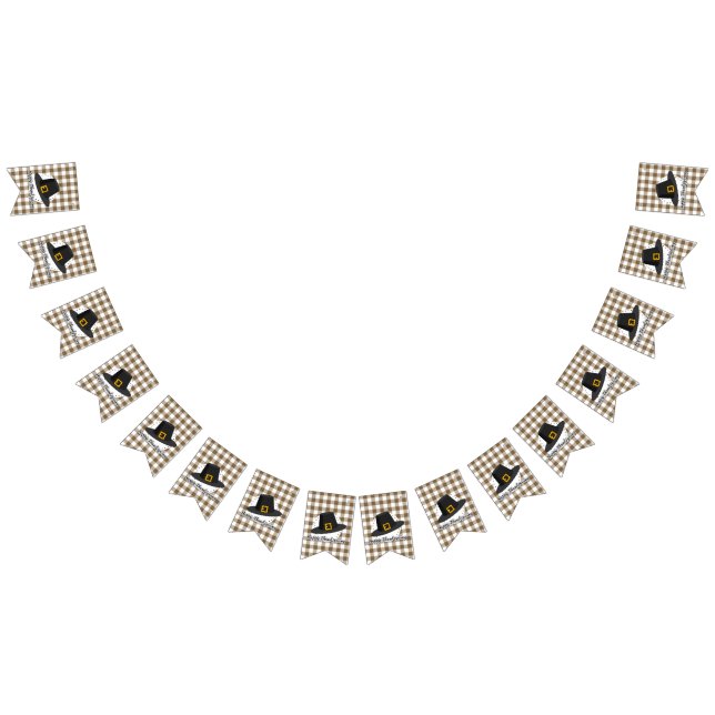 Black Pilgrim Hat on Brown Plaid - Thanksgiving Bunting Flags (All)