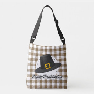 Black Pilgrim Hat on Brown Plaid - Thanksgiving Crossbody Bag