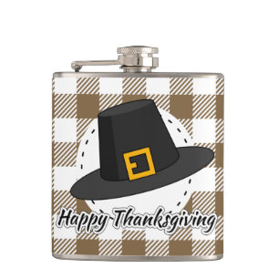 Black Pilgrim Hat on Brown Plaid - Thanksgiving Hip Flask
