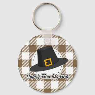 Black Pilgrim Hat on Brown Plaid - Thanksgiving Keychain