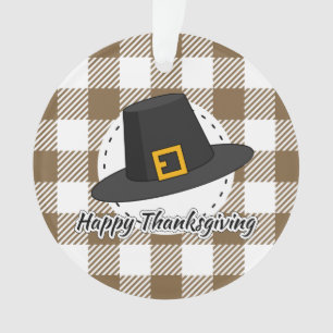 Black Pilgrim Hat on Brown Plaid - Thanksgiving Ornament