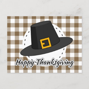 Black Pilgrim Hat on Brown Plaid - Thanksgiving Postcard