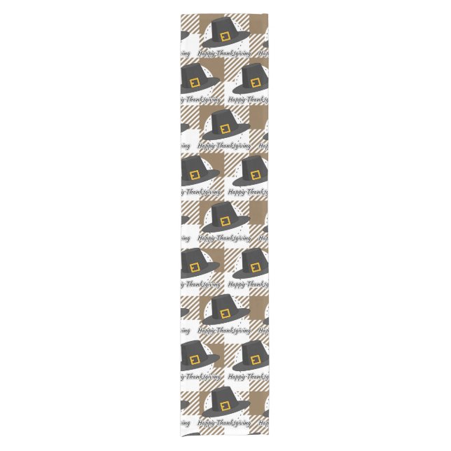 Black Pilgrim Hat on Brown Plaid - Thanksgiving Short Table Runner (Front)