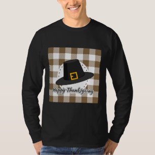 Black Pilgrim Hat on Brown Plaid - Thanksgiving T-Shirt