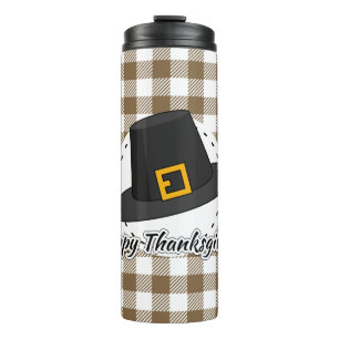 Black Pilgrim Hat on Brown Plaid - Thanksgiving Thermal Tumbler
