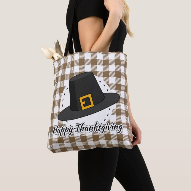 Black Pilgrim Hat on Brown Plaid - Thanksgiving Tote Bag (Close Up)
