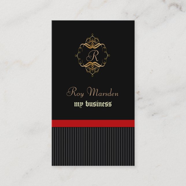 Black pin stripe + crest business cards (Front)