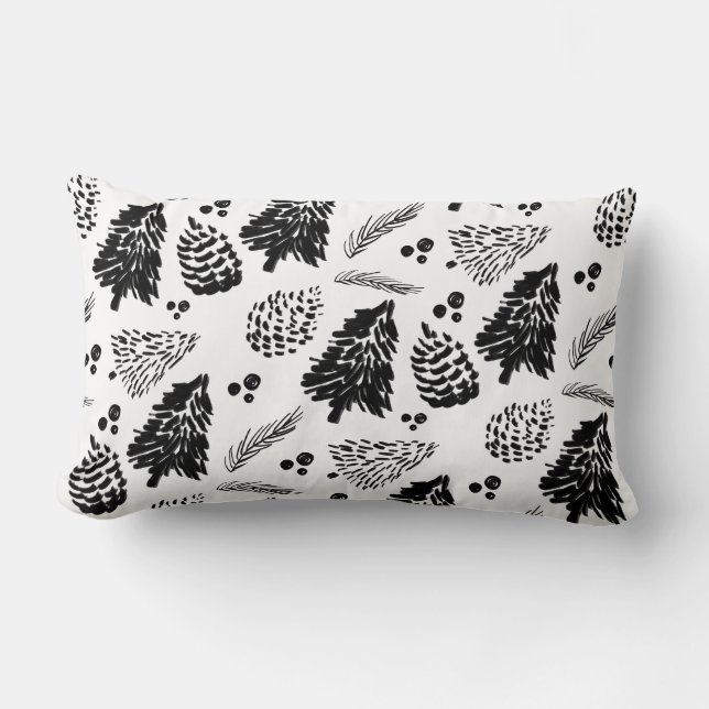 Black Pine Tree Forest Pinecone Pattern Chrismtas Lumbar Pillow (Front)