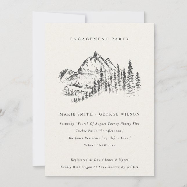 Black Pine Wood Mountain Sketch Wedding Engagement Invitation (Front)