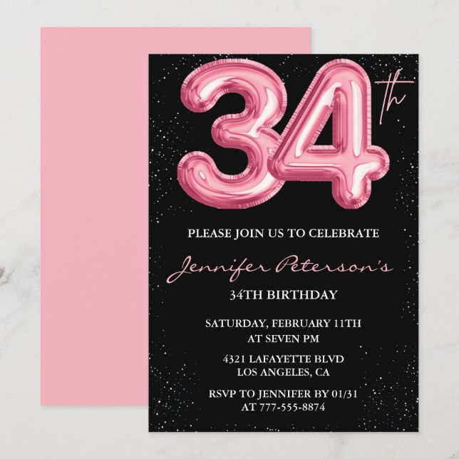 Black Pink 34th birthday invitations Balloon Glam  (Front/Back)