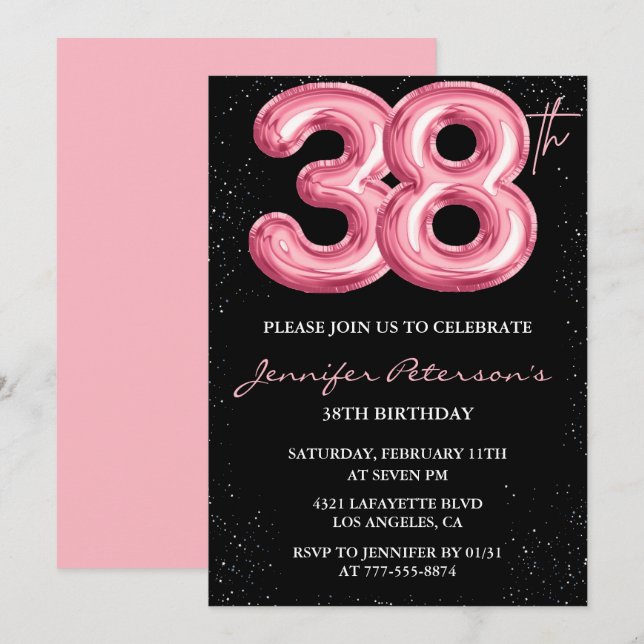 Black Pink 38th birthday invitations Balloon Glam  (Front/Back)