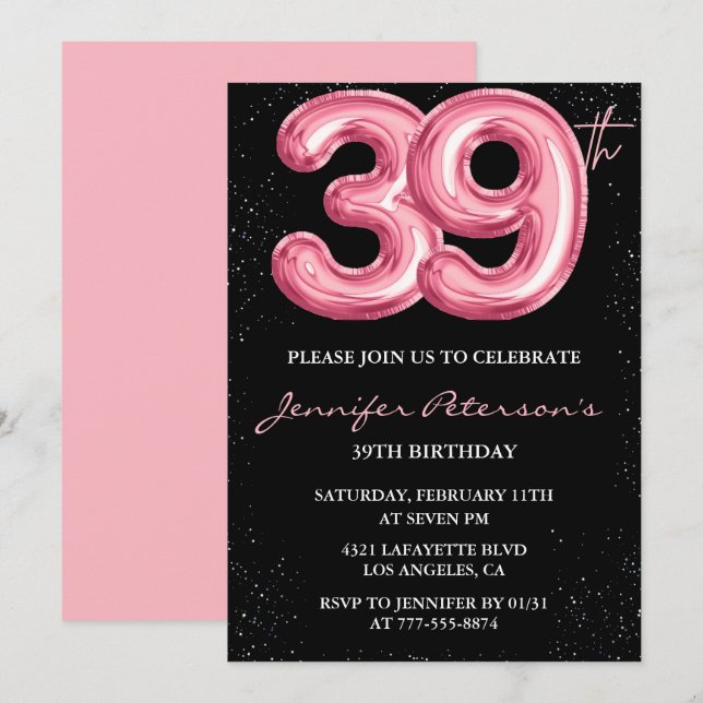 Black Pink 39th birthday invitations Balloon Glam  (Front/Back)