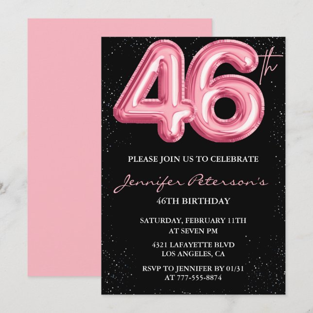 Black Pink 46th birthday invitations Balloon Glam  (Front/Back)