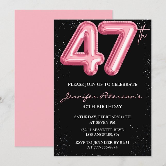 Black Pink 47th birthday invitations Balloon Glam  (Front/Back)