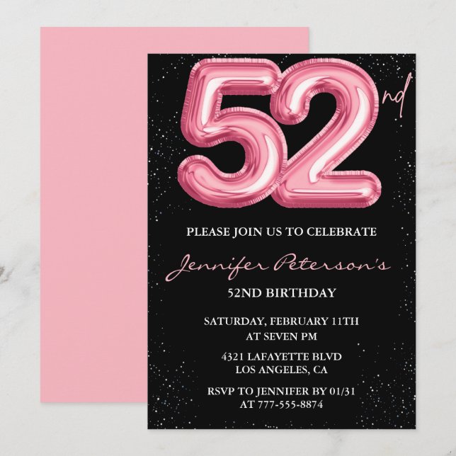 Black Pink 52e anniversaire invitations Balloon Gl (Devant / Derrière)