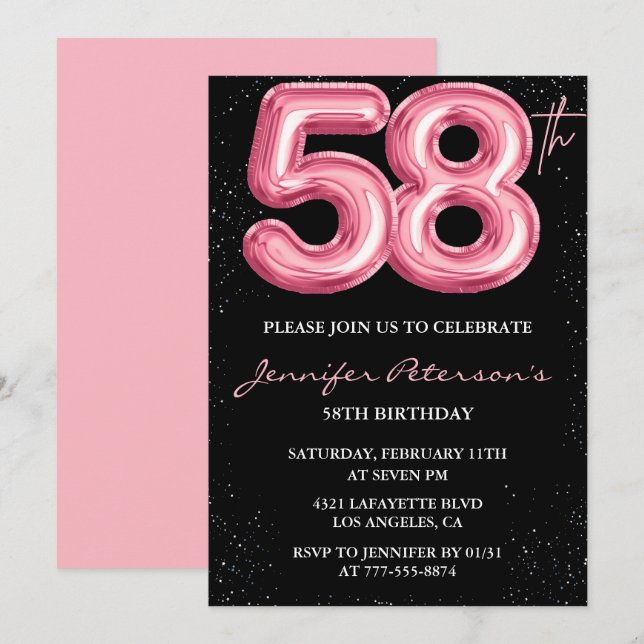 Black Pink 58th birthday invitations Balloon Glam  (Front/Back)