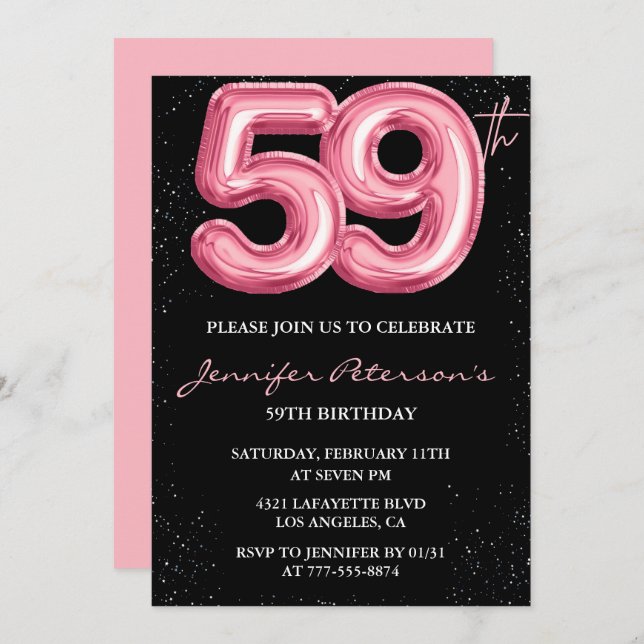 Black Pink 59th birthday invitations Balloon Glam  (Front/Back)