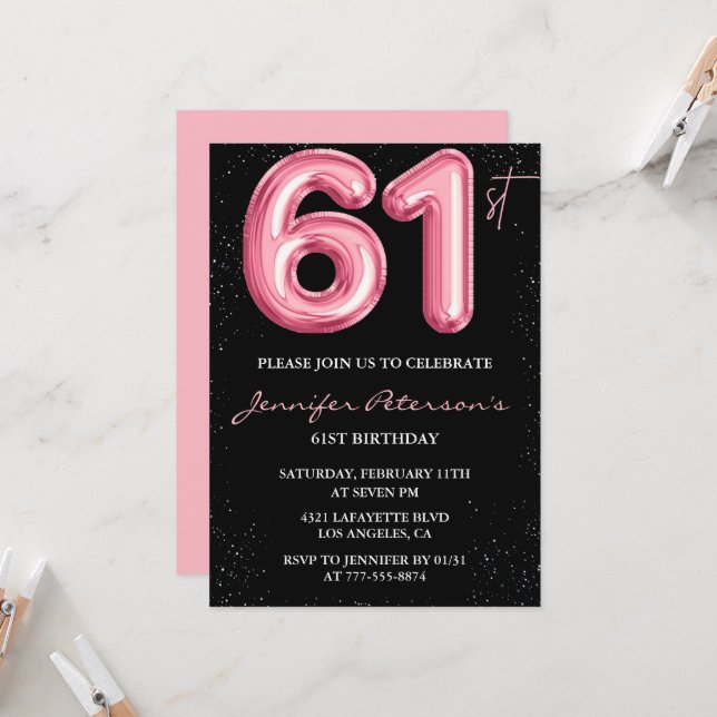 Black Pink 61st birthday invitations Balloon Glam  (Front/Back In Situ)