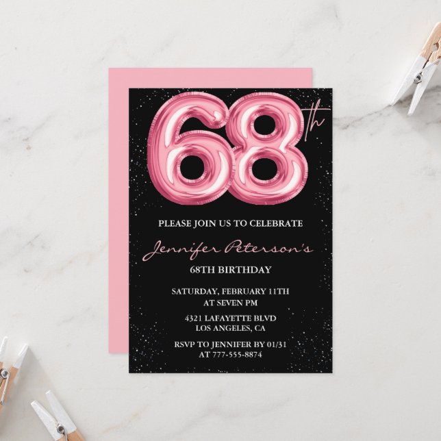 Black Pink 68th birthday invitations Balloon Glam  (Front/Back In Situ)