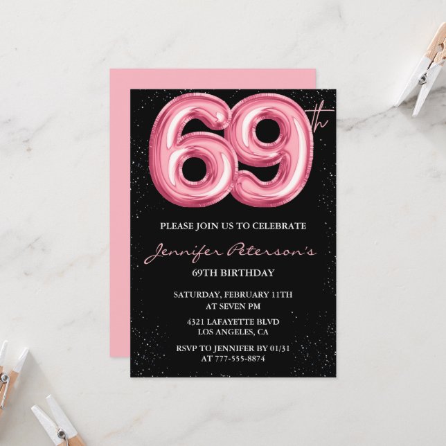 Black Pink 69th birthday invitations Balloon Glam  (Front/Back In Situ)