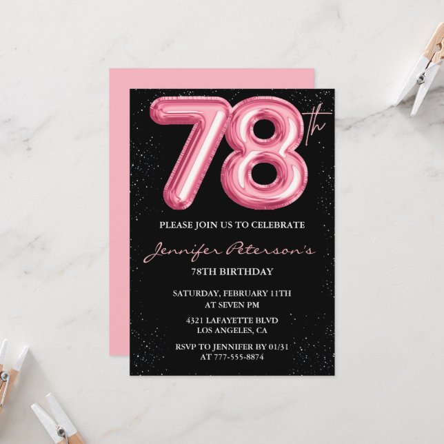 Black Pink 78th birthday invitations Balloon Glam  (Front/Back In Situ)