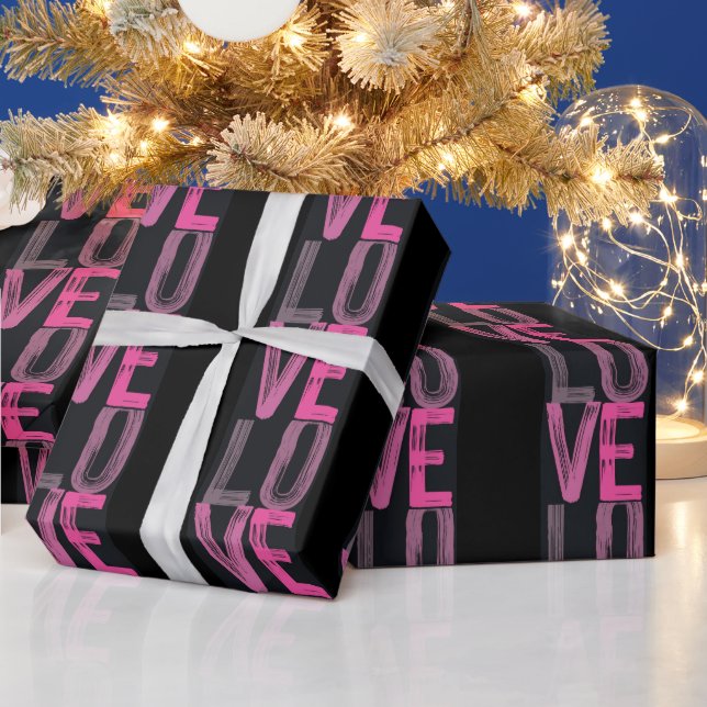 Black & Pink Aesthetic "Love" Typography Gift Wrapping Paper (Holidays)