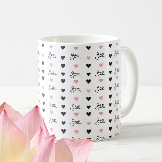 Black / Pink aligned hearts with custom name white Coffee Mug (Creator Uploaded)