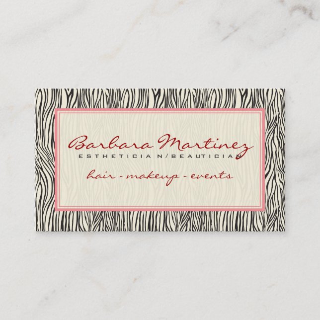 Black Pink And Beige Animal Print Zebra Pattern Business Card (Front)