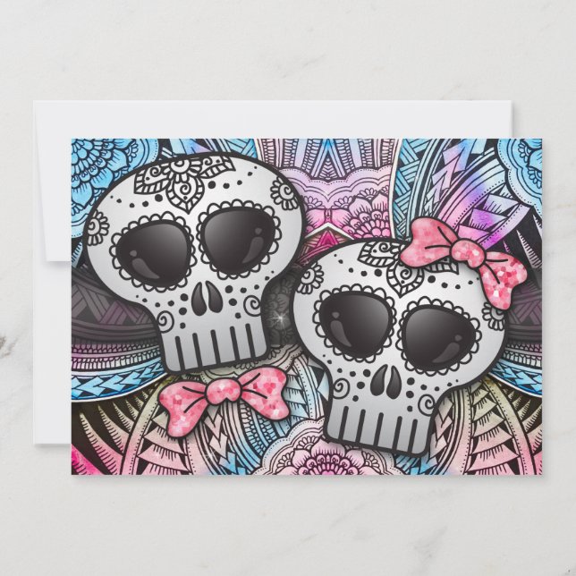 Black Pink and Blue Sugar Skull Wedding Glitter Invitation (Back)