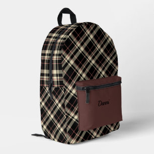 Black Pink and Cream Plaid Printed Backpack