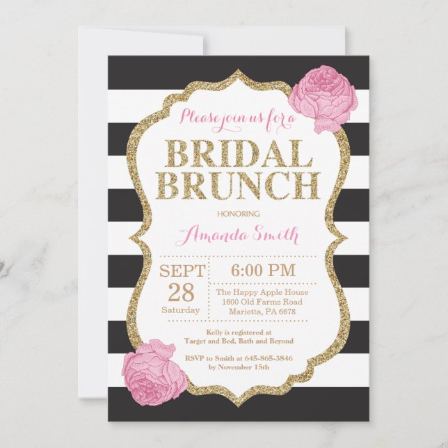 Black Pink and Gold Bridal Brunch Invitation (Front)