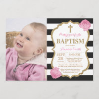Black Pink and Gold Glitter Baptism Invitation