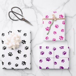 Black Pink and Purple Paw Prints Pattern Wrapping Paper Sheet