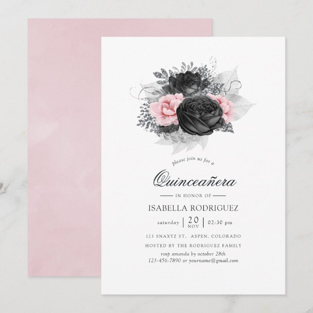 Black Pink and Silver Vintage Roses Quinceañera Invitation (Front/Back)