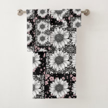 Black, Pink and White Flowers Patchwork Pattern