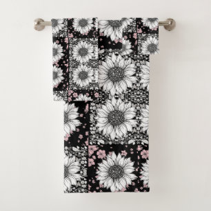 Black, Pink and White Flowers Patchwork Pattern Bath Towel Set