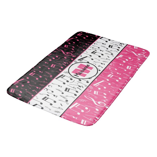 Black pink and white music notes bath mat (Angled)