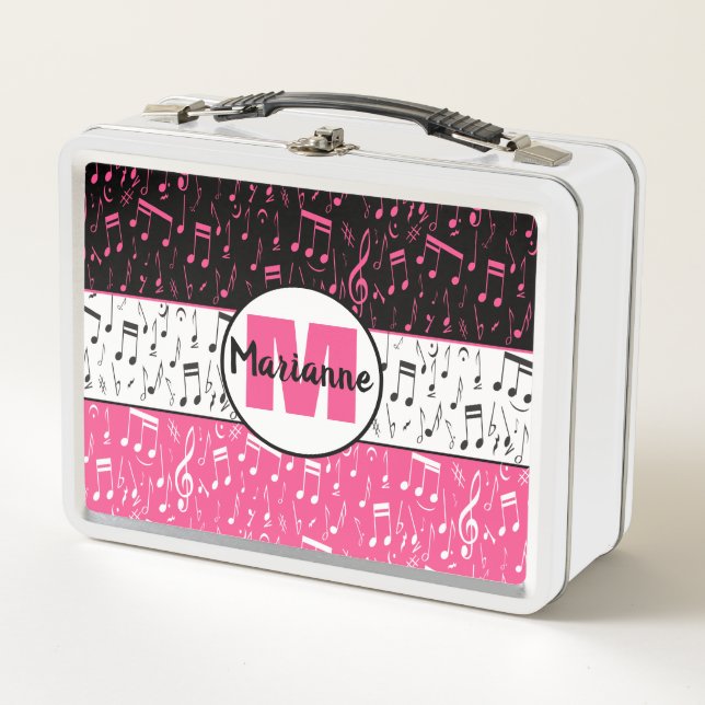 Black pink and white music notes  metal lunch box (Front)