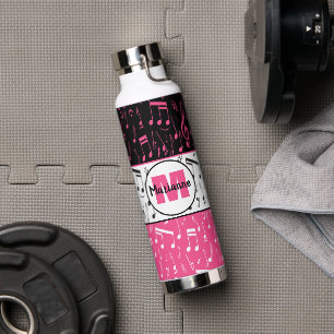 Black pink and white music notes water bottle