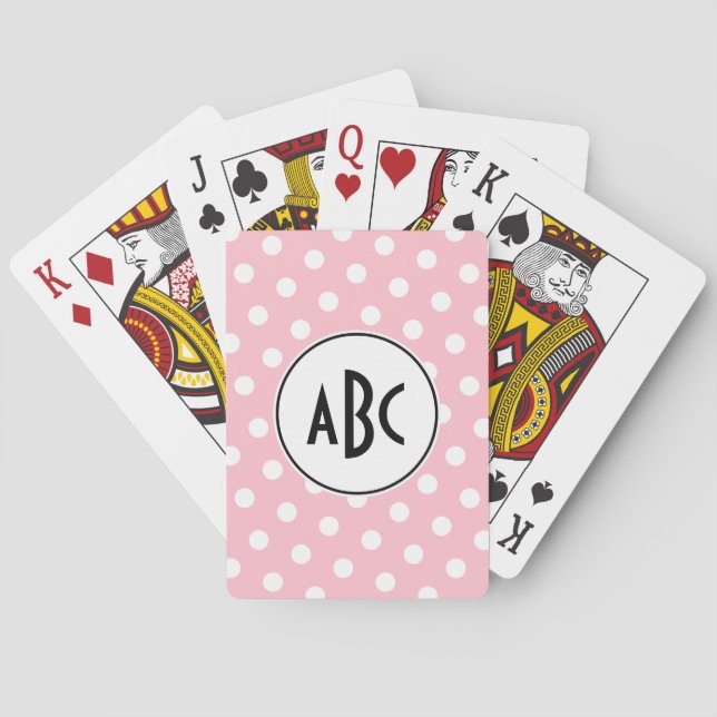 Black Pink and White Polka Dots Monogram Playing Cards (Back)
