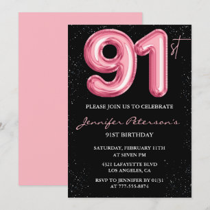 Black Pink Balloon Glam 91st birthday Invitation