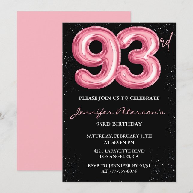 Black Pink Balloon Glam 93rd birthday Invitation (Front/Back)