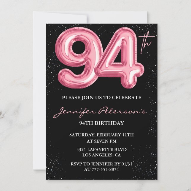 Black Pink Balloon Glam 94th birthday Invitation (Front)
