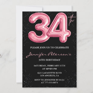 Black Pink Balloon Glam Glitter 34th birthday Invitation