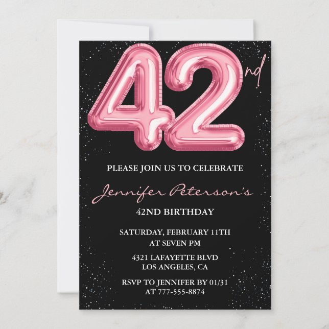 Black Pink Balloon Glam Glitter 42nd birthday Invitation (Front)