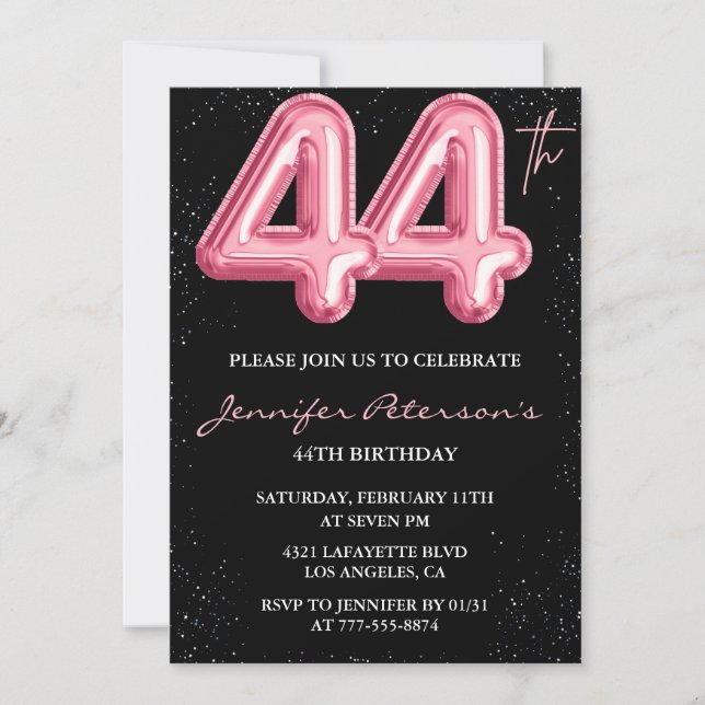 Black Pink Balloon Glam Glitter 44th birthday Invitation (Front)